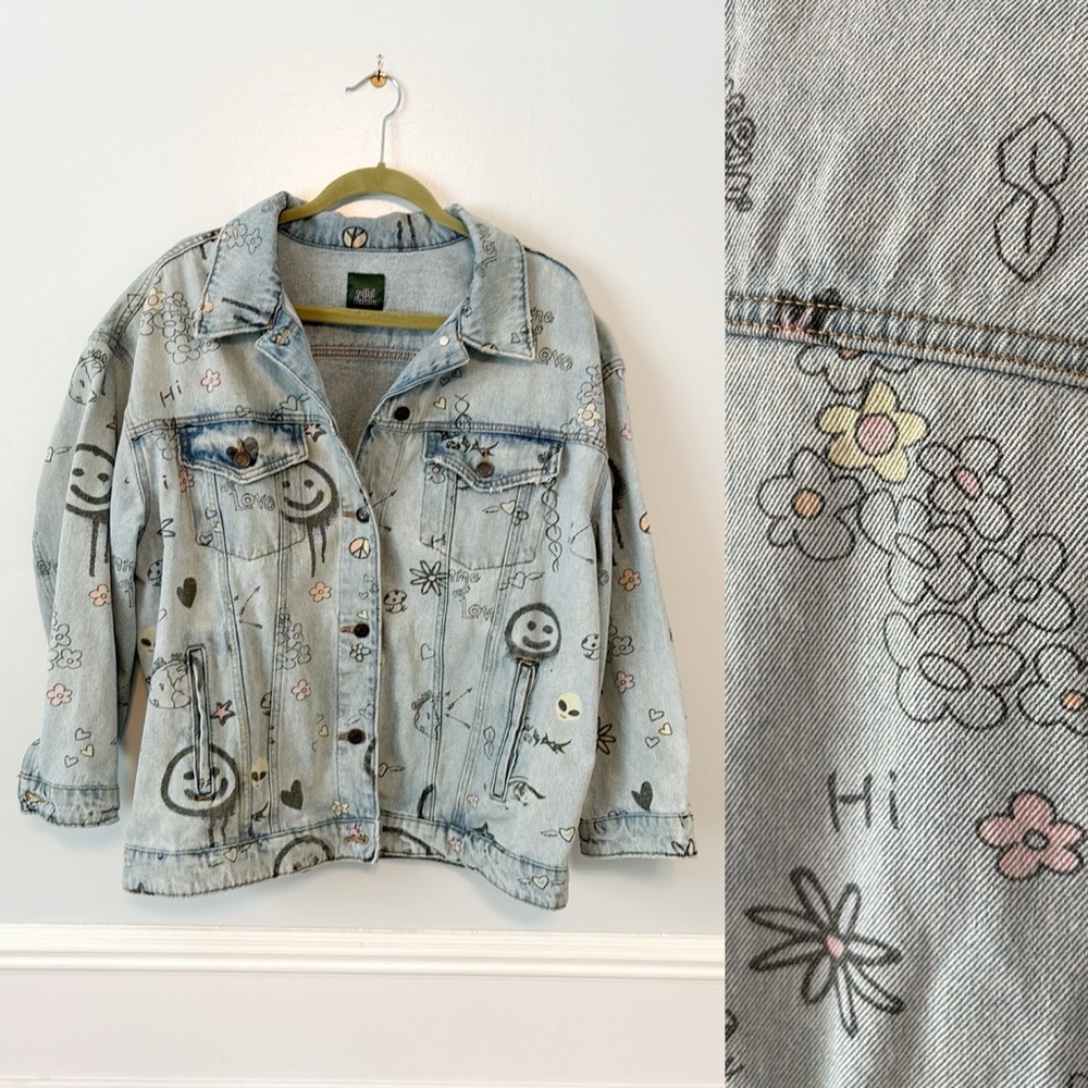 WILD FABLE Size Large Blue Graffiti Graphic Print DENIM JACKET Oversized Rare